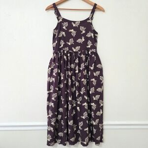 Whimsical Rabbit‎ Print Midi Overall Dress Sz M Brown Boho Artsy Twee Pinafore
